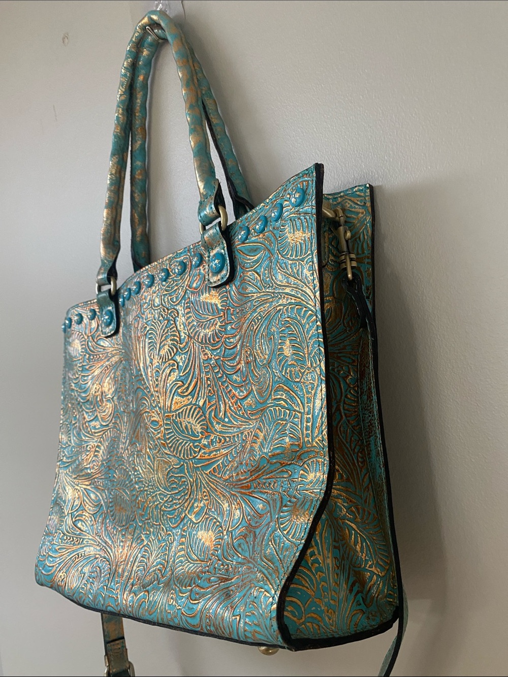 PATRICIA NASH Zancona Tooled Turquoise Leather Tote Bag Teal green Floral - Picture 6 of 9